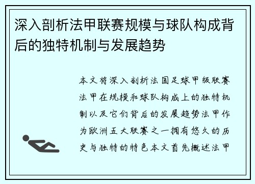 深入剖析法甲联赛规模与球队构成背后的独特机制与发展趋势